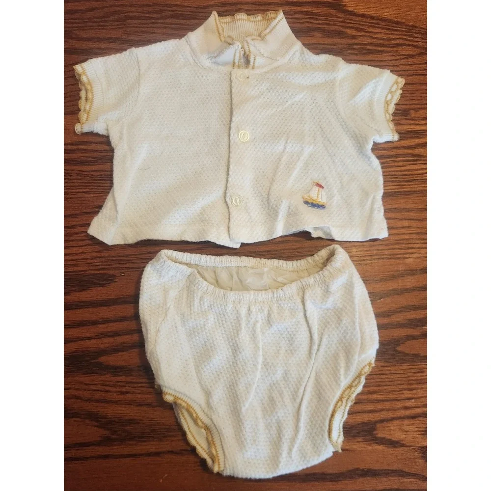 Vintage Two Piece Baby Set Plastic Lined Bottoms With Embroidered Sailboat